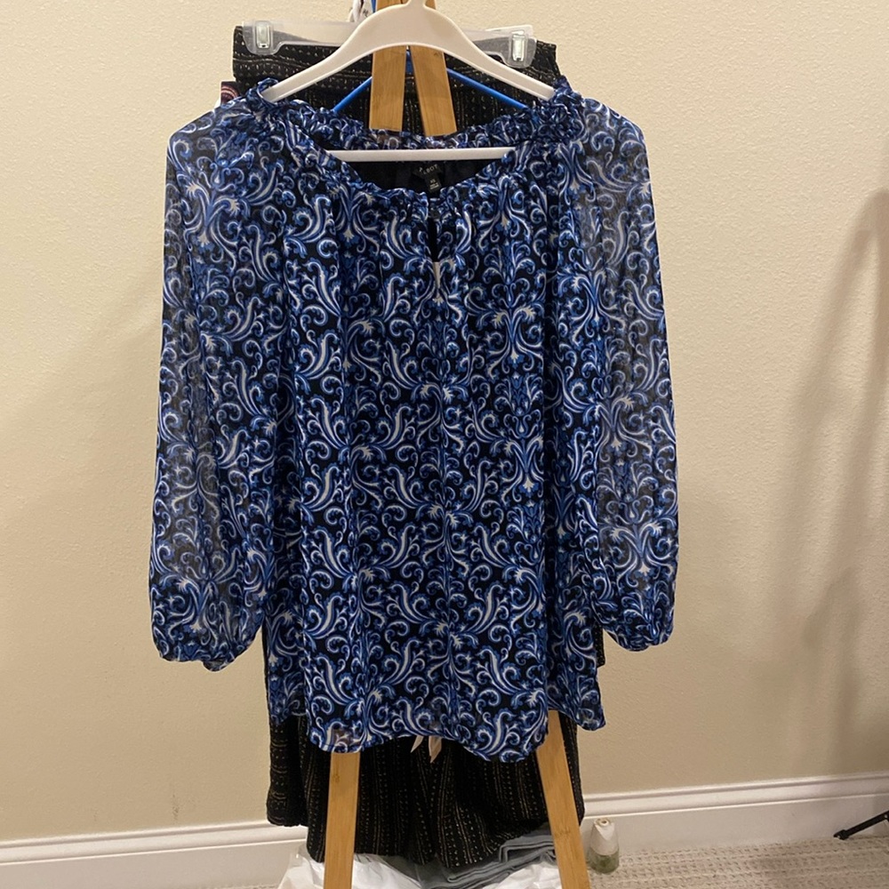 Talbots blue, silver, white, and black blouse